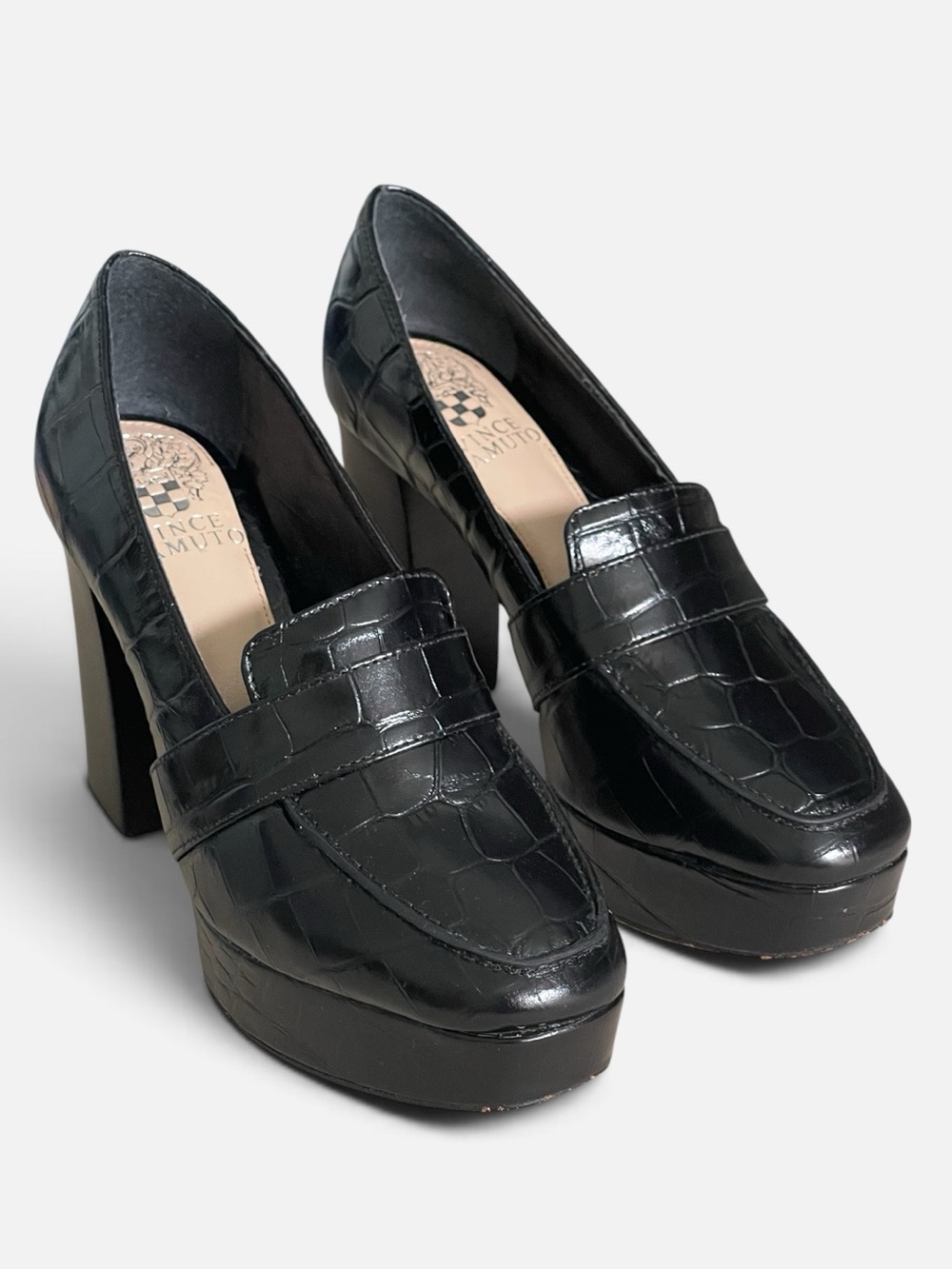 Vince Camuto Medrana Black Croc-Embossed Leather Platform Sz 6 High Chunky Heel
